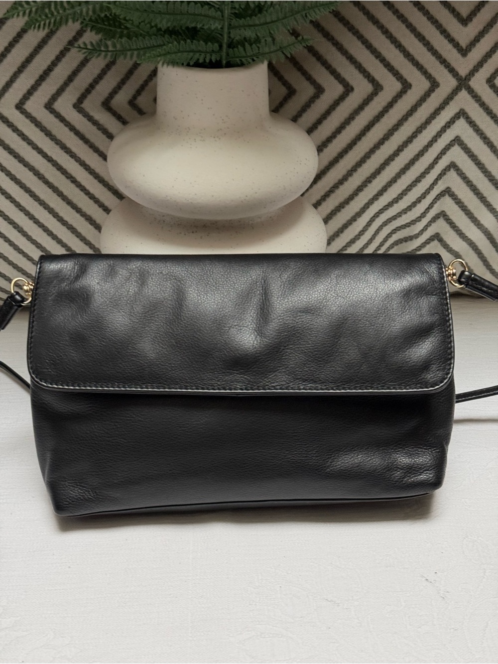 Vintage Black Leather Clutch/ Crossbody Bag with Flap Closure